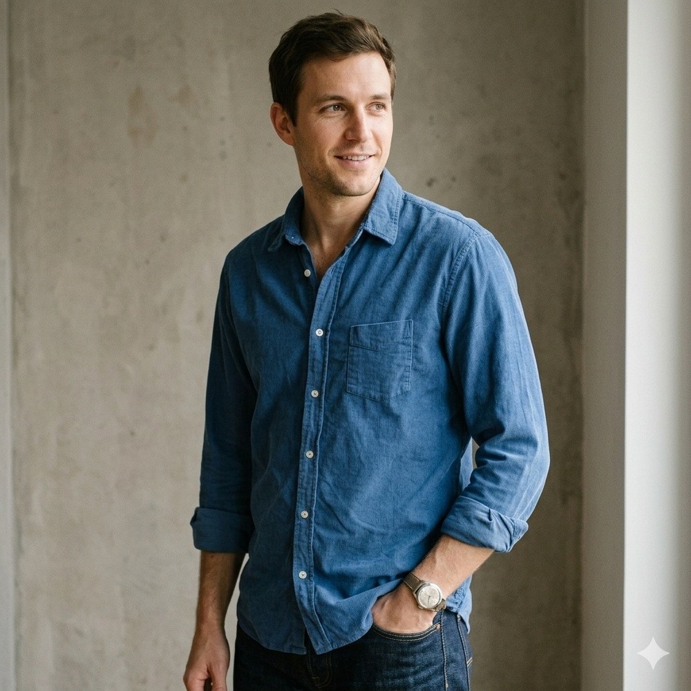 Officine Generale Lipp Shirt Men Large Blue Corduroy Cotton Lyocell Western Yoke